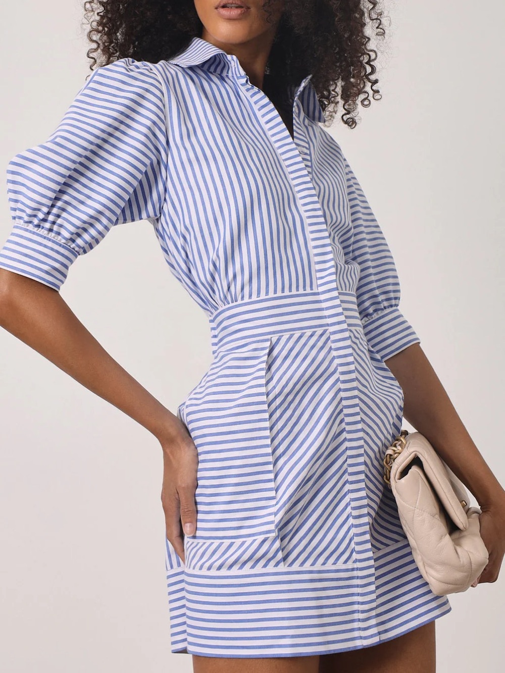 NWT VITA GRACE Levante Dress in Stripe Blue and White Puff Sleeve Collar Mini - Picture 2 of 10